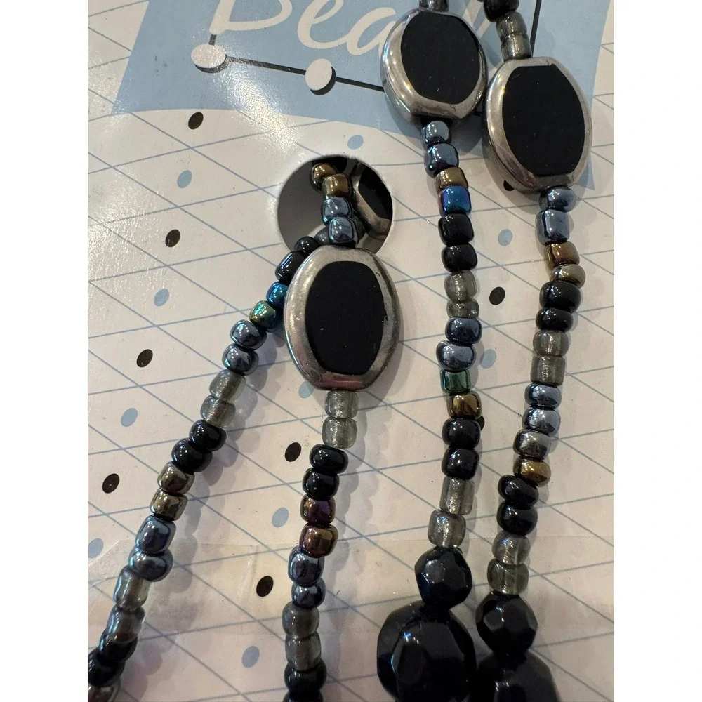 i.D. Beads Scholastic Black Silver Iridescent Beaded Lanyard ID Badge Holder